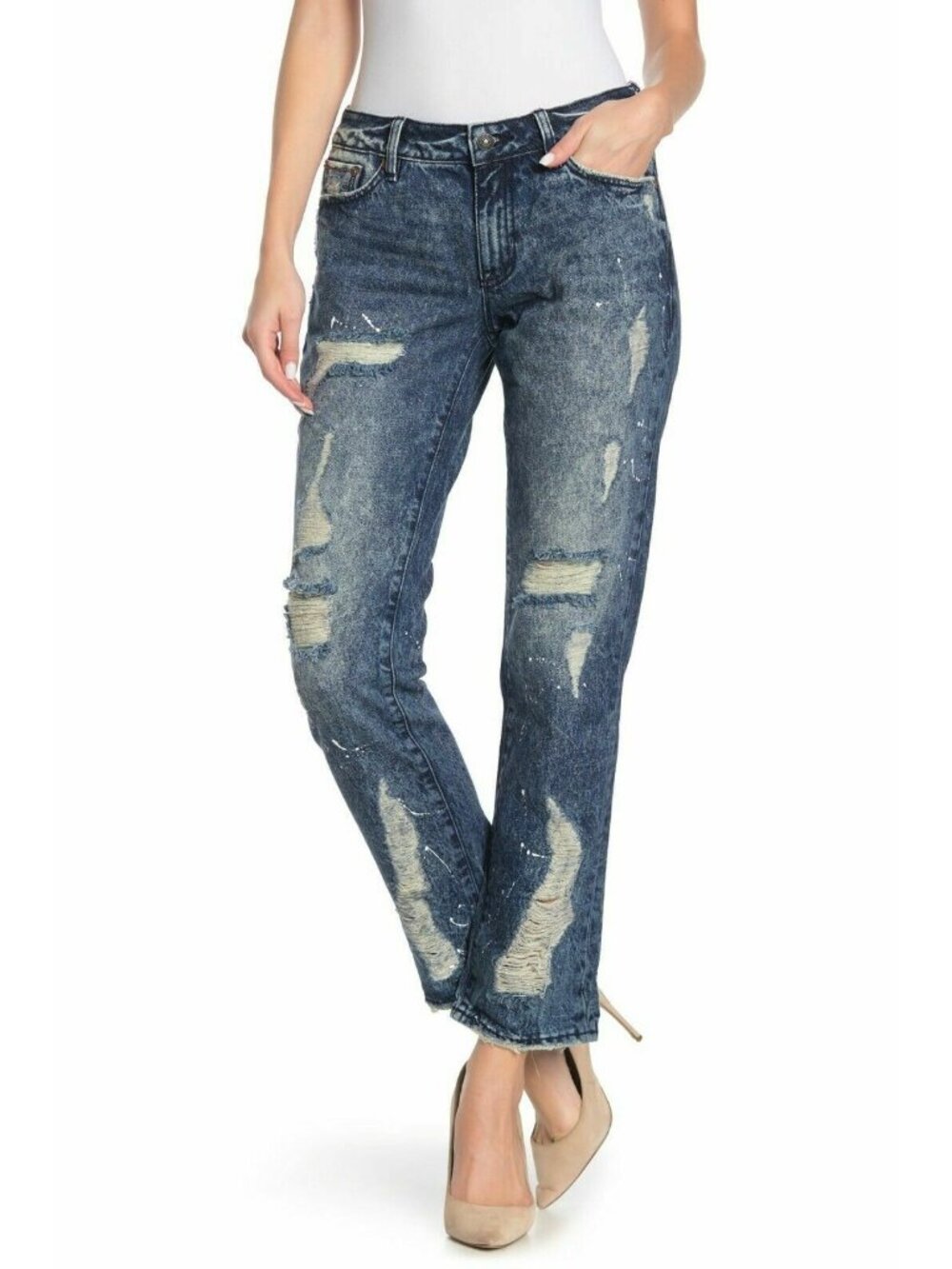 Remix by Rock Revival Women's Slouchy Straight Leg Jeans Destroyed Blue Size 26